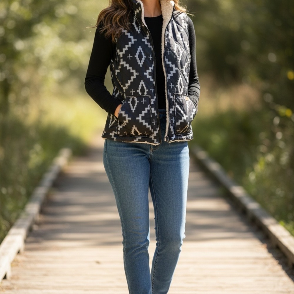 Cream Quilted Vest with Black Trim
